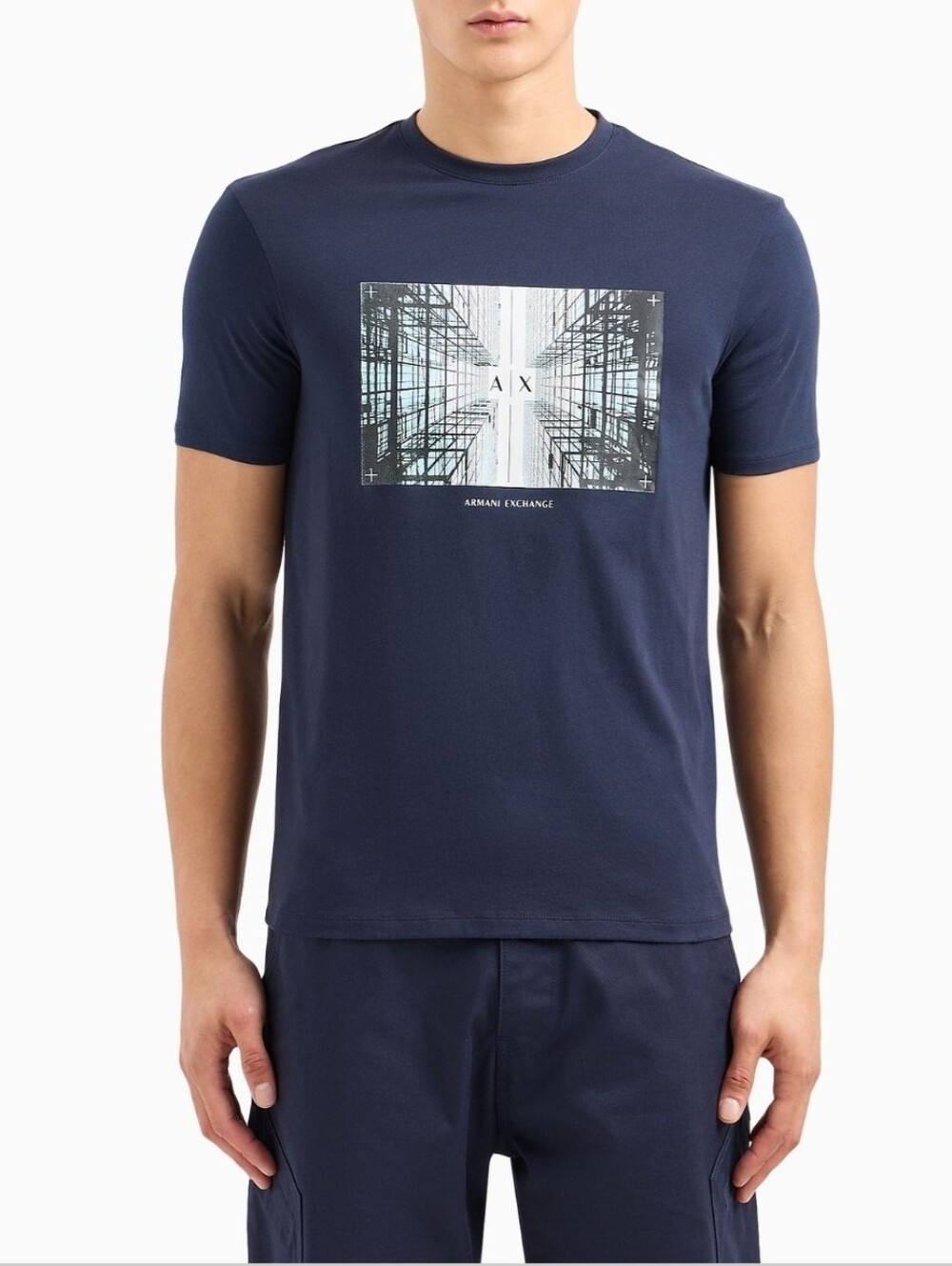 Armani Exchange Black Graphic Crewneck Tee with Architectural Print Size M